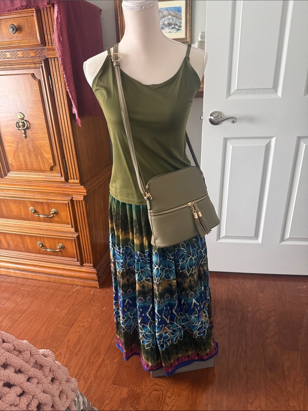 Olive Green Floral-Print Maxi Skirt for Women + vegan leather bag & XS Olive top